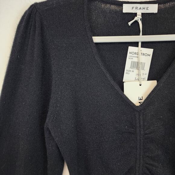 Frame Cashmere Sweater Size M Black Cropped Bell Sleeve Shirred V-neck Luxe Chic - Picture 7 of 14